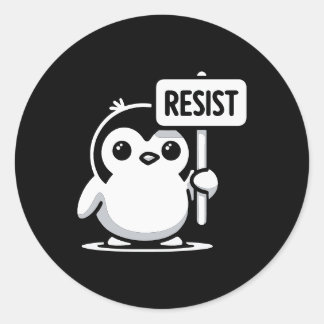 Cartoon Penguin Holding "RESIST" Sign – B & W Ronde Sticker