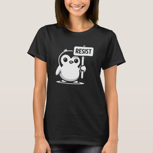Cartoon Penguin Holding "RESIST" Sign – B & W T-shirt (Voorkant)