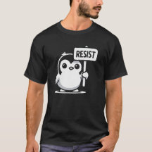 Cartoon Penguin Holding "RESIST" Sign – B & W