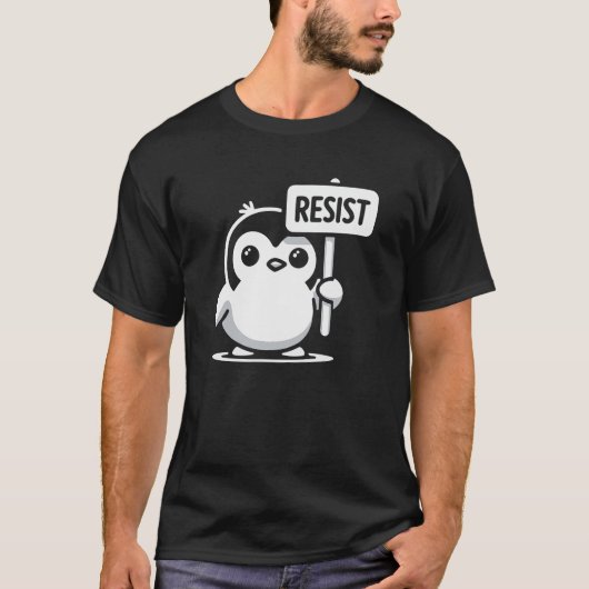 Cartoon Penguin Holding "RESIST" Sign – B & W T-shirt (Voorkant)