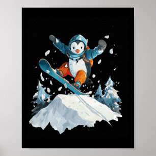 Cartoon Penguin Snowboarding Adventure Winter Poster