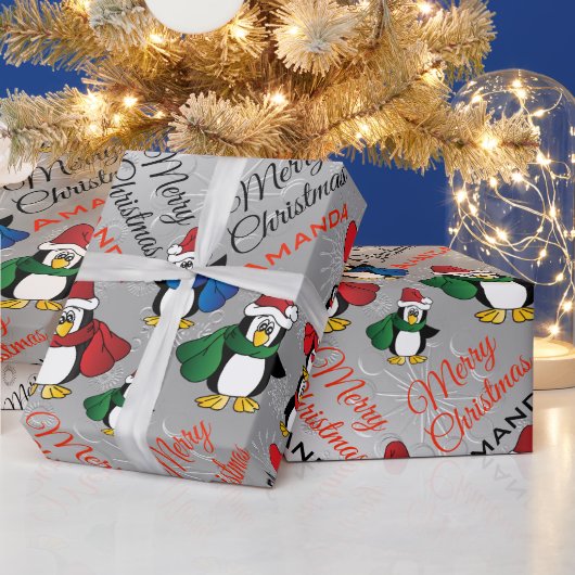 Cartoon Penguin Stack - Personaliseren Cadeaupapier (Feestdagen)