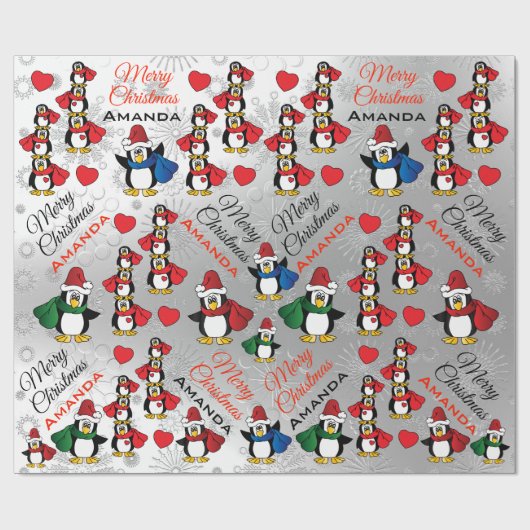 Cartoon Penguin Stack - Personaliseren Cadeaupapier (Vlak)