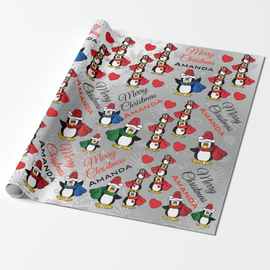 Cartoon Penguin Stack - Personaliseren Cadeaupapier (Uitgerold)