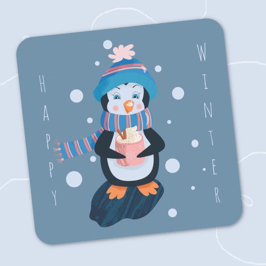 Cartoon Penguin with Hot Cocoa Blue Sticker