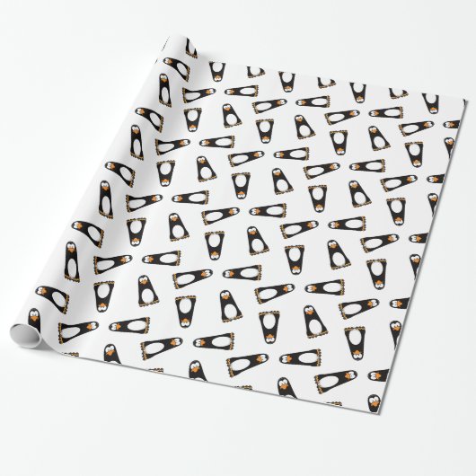 Cartoon Pensive Penguin on White Herhaalt patroon Cadeaupapier (Uitgerold)
