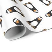Cartoon Pensive Penguin on White Herhaalt patroon Cadeaupapier (Rol Hoek)