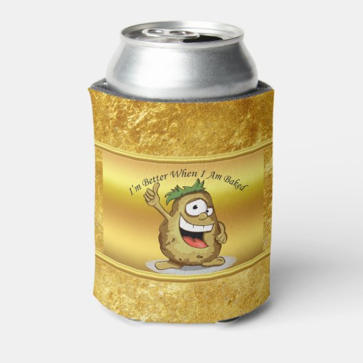 Cartoon personage aardappel met groen haar blikjeskoeler (Blikje Achterkant)