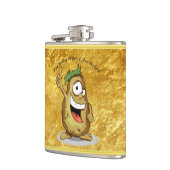 Cartoon personage aardappel met groen haar heupfles (Links)