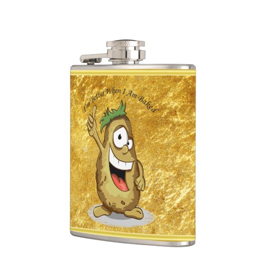 Cartoon personage aardappel met groen haar heupfles (Links)