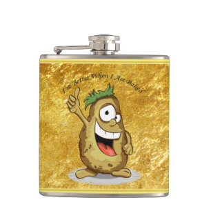 Cartoon personage aardappel met groen haar heupfles