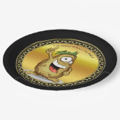 Cartoon personage aardappel met groen haar papieren bordje (Gekanteld)