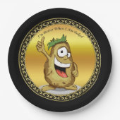 Cartoon personage aardappel met groen haar papieren bordje (Voorkant)