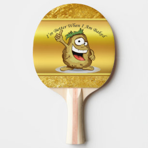 Cartoon personage aardappel met groen haar tafeltennisbatje