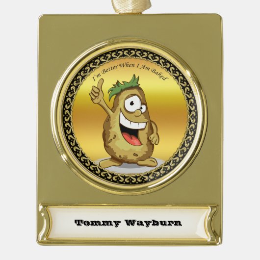 Cartoon personage aardappel met groen haar verguld banner ornament (Voorkant)