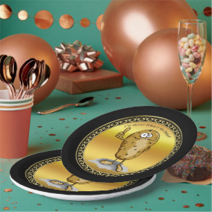 cartoon personage aardappel met grote ogen 3 papieren bordje