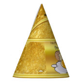 cartoon personage frituurde eicel met grote glimla feesthoedjes (Links)