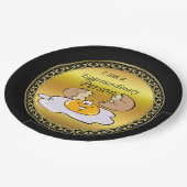 cartoon personage frituurde eicel met grote glimla papieren bordje (Gekanteld)