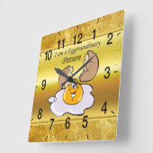 cartoon personage frituurde eicel met grote glimla vierkante klok (Hoek)