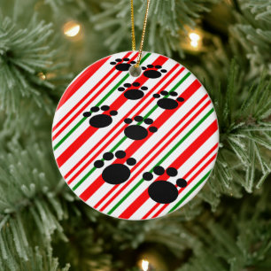 Cartoon Pet Paw Trail Candy Cane Keramisch Ornament