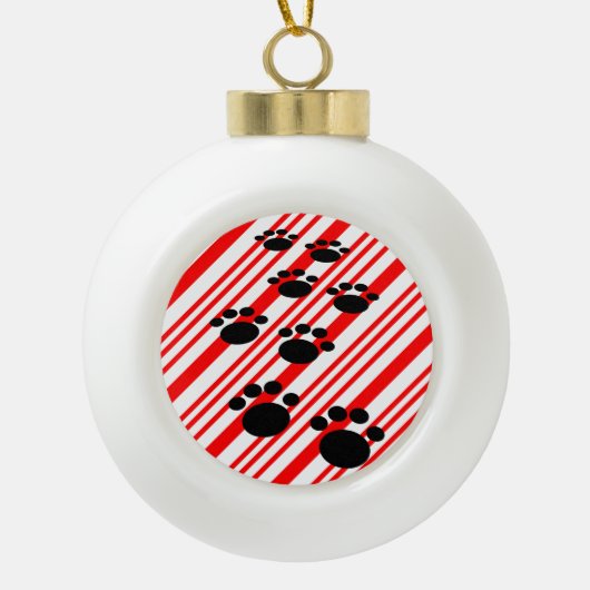 Cartoon Pet Paw Trail Candy Cane Keramische Bal Ornament (Voorkant)