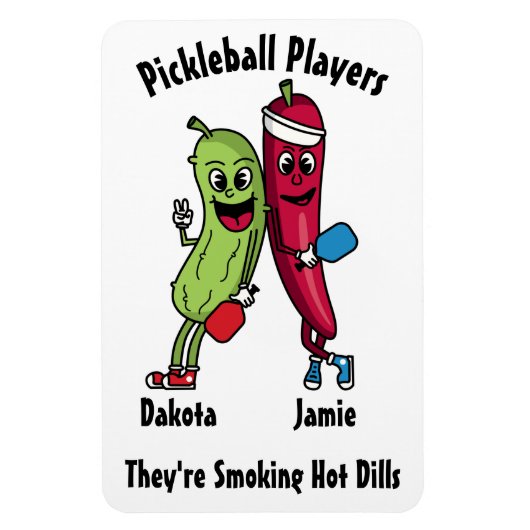 Cartoon Pickle en Pepper Hot Dill Pickleball Team Magneet (Verticaal)