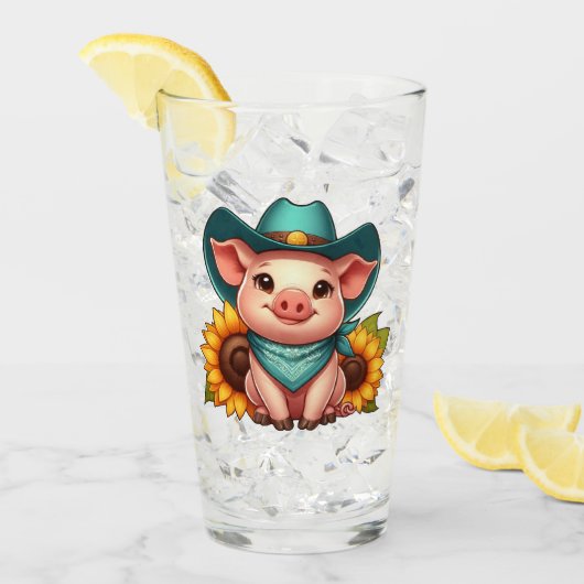 Cartoon Pig Dragen Cowboy Pet en Bandana Glas (Voorkant ijs)