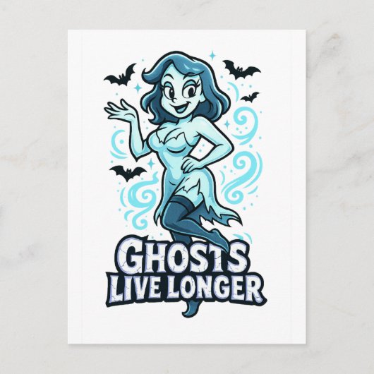 Cartoon Pin-Up Ghost – Ghosts leven langer Feestdagenkaart (Voorkant)