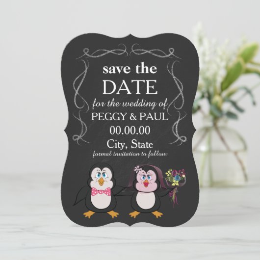 cartoon pinguïn Bewaar de datum Save The Date (Staand voorkant)