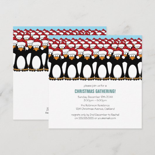 Cartoon Pinguin Crowd Festive Party - Uitnodiginge Kaart (Voorkant / Achterkant)