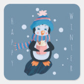 Cartoon Pinguïn met Warme Chocolade Blauwe Sticker (Voorkant)