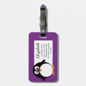 cartoon pinguïn paars bagagelabel (Achterkant verticaal)