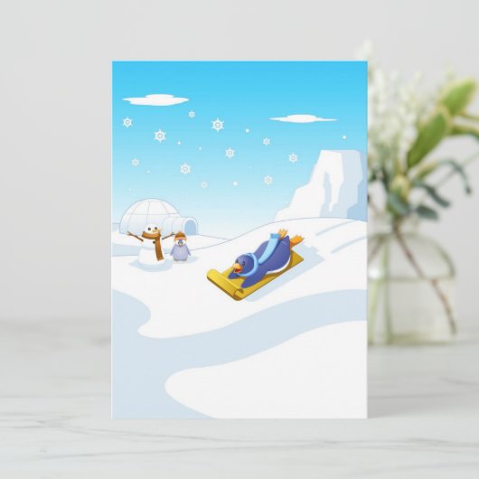 Cartoon Pinguïn Winterplezier Feestdagenkaart (Staand voorkant)