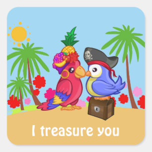 Cartoon Pirate Parrots Treasure Love Vierkante Sticker