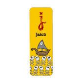 Cartoon Piratenschip, Schedels & Botten Feestlabel Etiket (Voorkant)