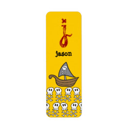 Cartoon Piratenschip, Schedels & Botten Feestlabel Etiket