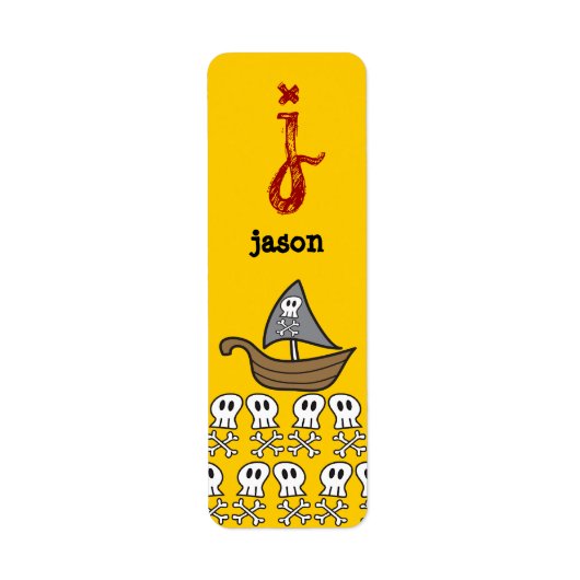 Cartoon Piratenschip, Schedels & Botten Feestlabel Etiket (Voorkant)