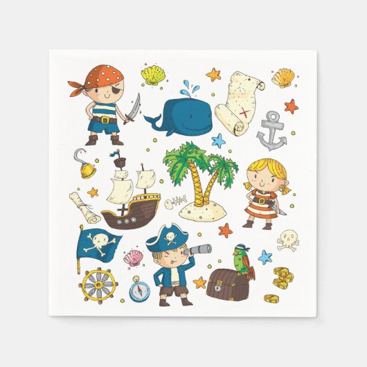 Cartoon Pirates Island Ship Kids Birthday Napkins Servet (Voorkant)