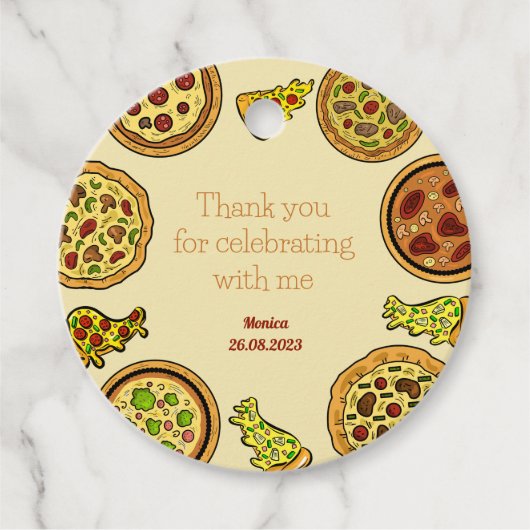 Cartoon pizza feestje verjaardag dank u bedankjes labels (Voorkant)