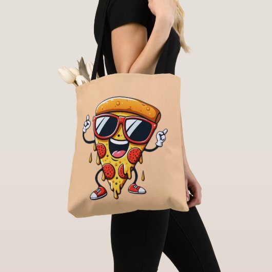 Cartoon Pizza Slice met Drip Cheese Vibes Tote Bag (Dichtbij)