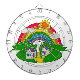 Cartoon plattelandsscene met regenboog en landhuis dartbord
