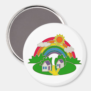 Cartoon plattelandsscene met regenboog en landhuis magneet