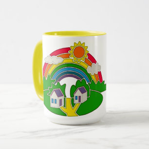Cartoon plattelandsscene met regenboog en landhuis mok