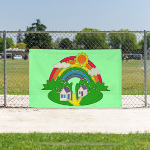 Cartoon plattelandsscene met regenboog en landhuis spandoek