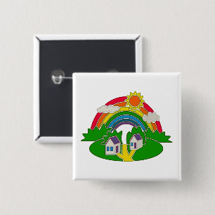 Cartoon plattelandsscene met regenboog en landhuis vierkante button 5,1 cm