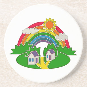 Cartoon plattelandsscene met regenboog en landhuis zandsteen onderzetter
