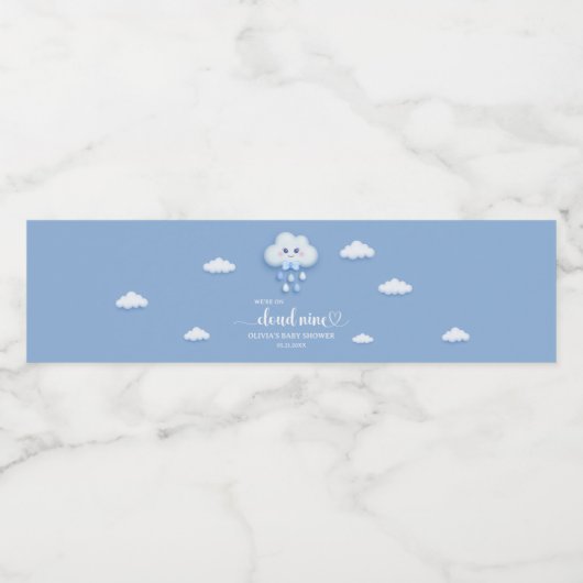Cartoon pluizig wit wolk negen blauw jongen baby waterfles etiket (Enkel label)
