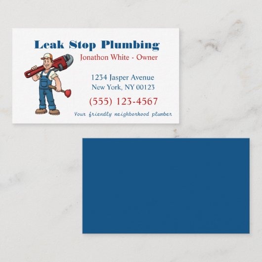 Cartoon Plumber Man Plumbing Maintenance Service Visitekaartje (Voorkant / Achterkant)