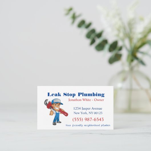 Cartoon Plumber Man Plumbing Maintenance Service Visitekaartje (Staand voorkant)