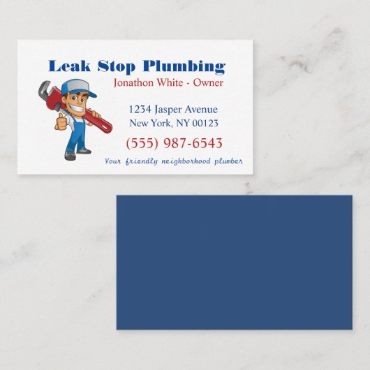 Cartoon Plumber Man Plumbing Maintenance Service Visitekaartje (Voorkant / Achterkant)